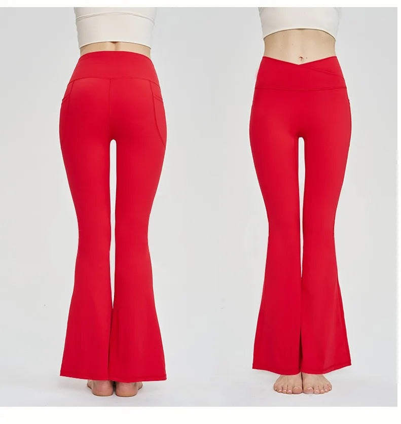 Seamless Leggings Women Yoga Pants Pockets Cross High Waist Bootcut Flared Sport Leggins Casual Dance Bell Bottoms Gym Tights