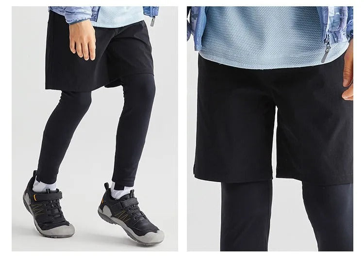 Boys Sports Leggings With Shorts Kids 2 in 1 Running Workout Athletic Tights Pant Children's Basketball Fitness Yoga Pants 5-14Y