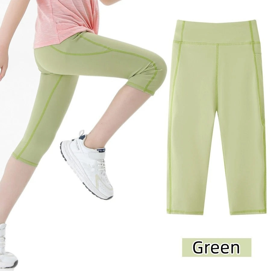 Summer Sports Leggings Short Child Cropped Running Pant Kids Girls Breathable Side Pockets Yoga Leggings Fitness Wear Yoga Pants