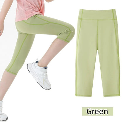Summer Sports Leggings Short Child Cropped Running Pant Kids Girls Breathable Side Pockets Yoga Leggings Fitness Wear Yoga Pants