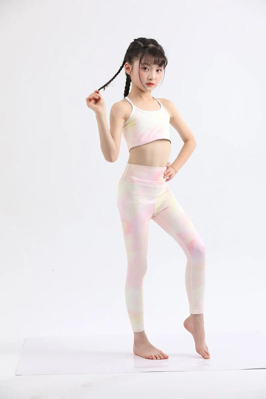 Girls Kids Yoga Outfit Set Short Crop Top Double Layer Sports Bra Printed High Waist Leggings Workout Set Running Gym Clothes