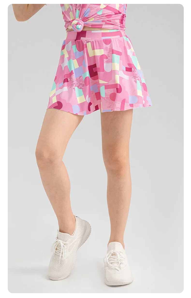 Girls Colorful Yoga Skirt Quick Dry Kids Tennis Skirt Built-in Shorts for Running Balle