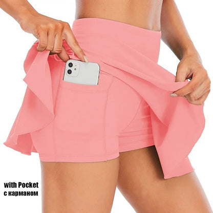 Pocket Tennis Skirts Women Sports Golf Pleated Skirt Candy Color Fitness Shorts High Waist Quick Dry Running Skort