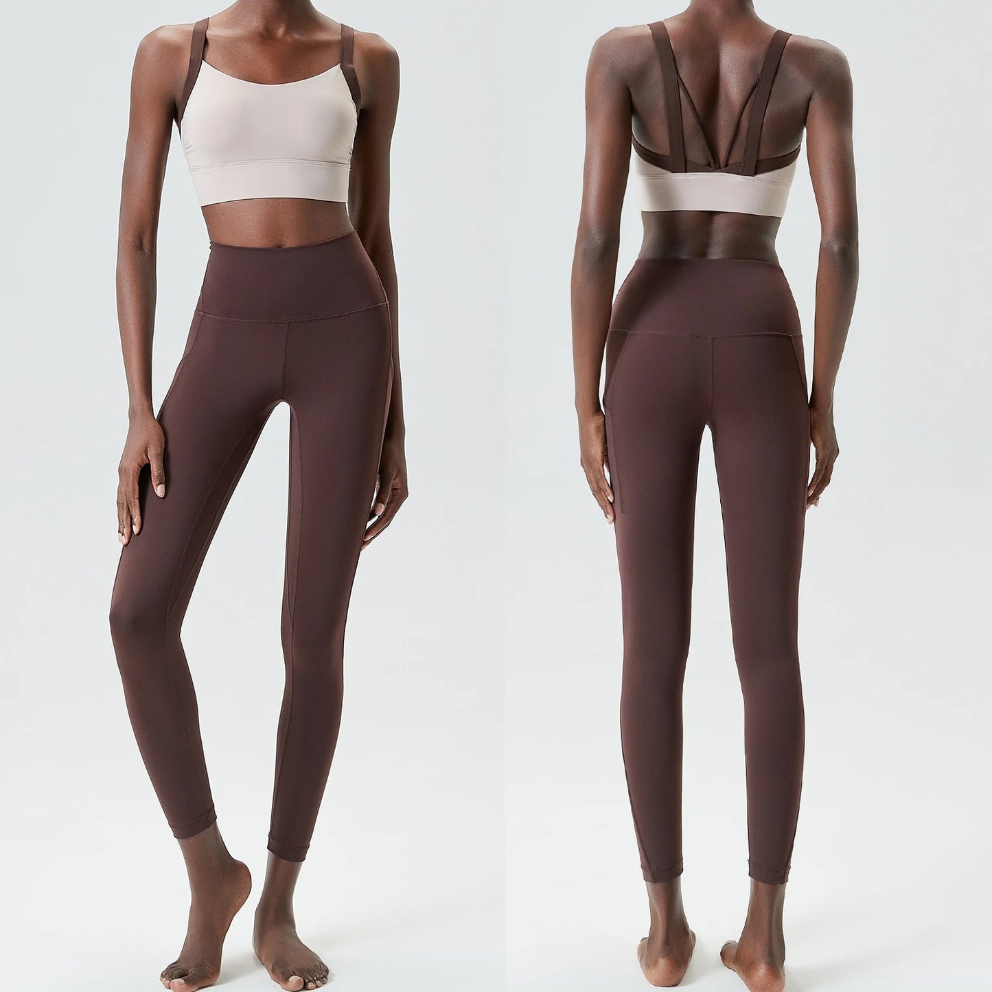 Women's Two Pieces Set Fixed Pads Sports Bra And Gym Tight Leggings With Pockets Workout JumpSuits Sportswear