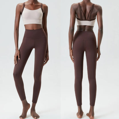 Women's Two Pieces Set Fixed Pads Sports Bra And Gym Tight Leggings With Pockets Workout JumpSuits Sportswear