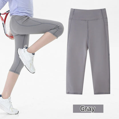 Summer Sports Leggings Short Child Cropped Running Pant Kids Girls Breathable Side Pockets Yoga Leggings Fitness Wear Yoga Pants