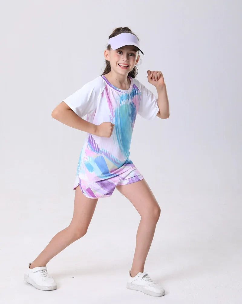 Girls Quick-Dry Sportswear Set Tennis Yoga Outfit Breathable Short Sleeve Top Shorts for Outdoor Activities Gym Cycling Clothes