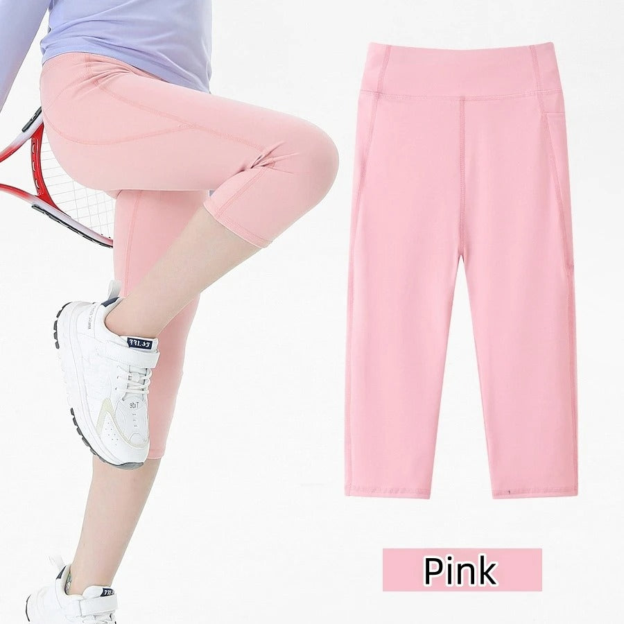 Summer Sports Leggings Short Child Cropped Running Pant Kids Girls Breathable Side Pockets Yoga Leggings Fitness Wear Yoga Pants