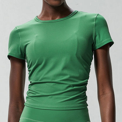 Women's Crew Neck T-Shirt Chic Solid Color Yoga Short Sleeve Slim Fit Shirts Summer Streetwear Basic Crop Tops Ribbed Gym Wear