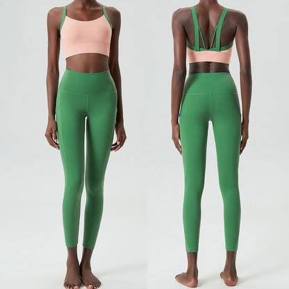 Women's Two Pieces Set Fixed Pads Sports Bra And Gym Tight Leggings With Pockets Workout JumpSuits Sportswear