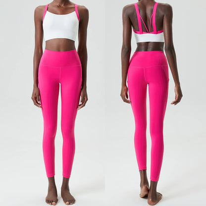 Women's Two Pieces Set Fixed Pads Sports Bra And Gym Tight Leggings With Pockets Workout JumpSuits Sportswear