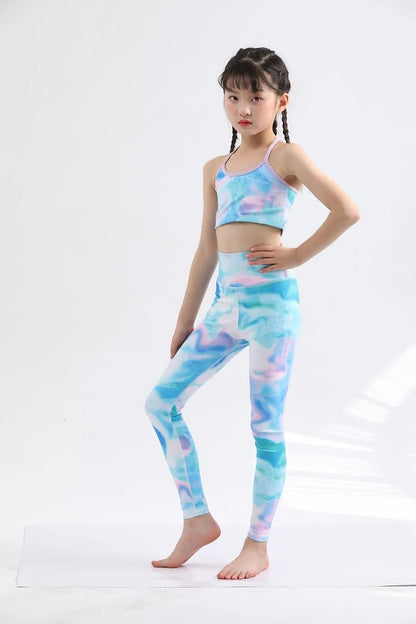 Girls Kids Yoga Outfit Set Short Crop Top Double Layer Sports Bra Printed High Waist Leggings Workout Set Running Gym Clothes
