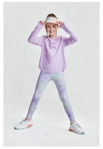 Girls' Long Sleeve Yoga T-Shirt Soft Elastic Quick Dry Children Running Sports T Shirt Kids Gym Fitness Top for Workout