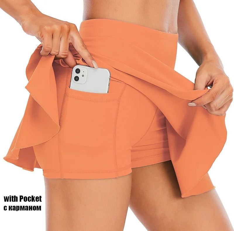 Pocket Tennis Skirts Women Sports Golf Pleated Skirt Candy Color Fitness Shorts High Waist Quick Dry Running Skort