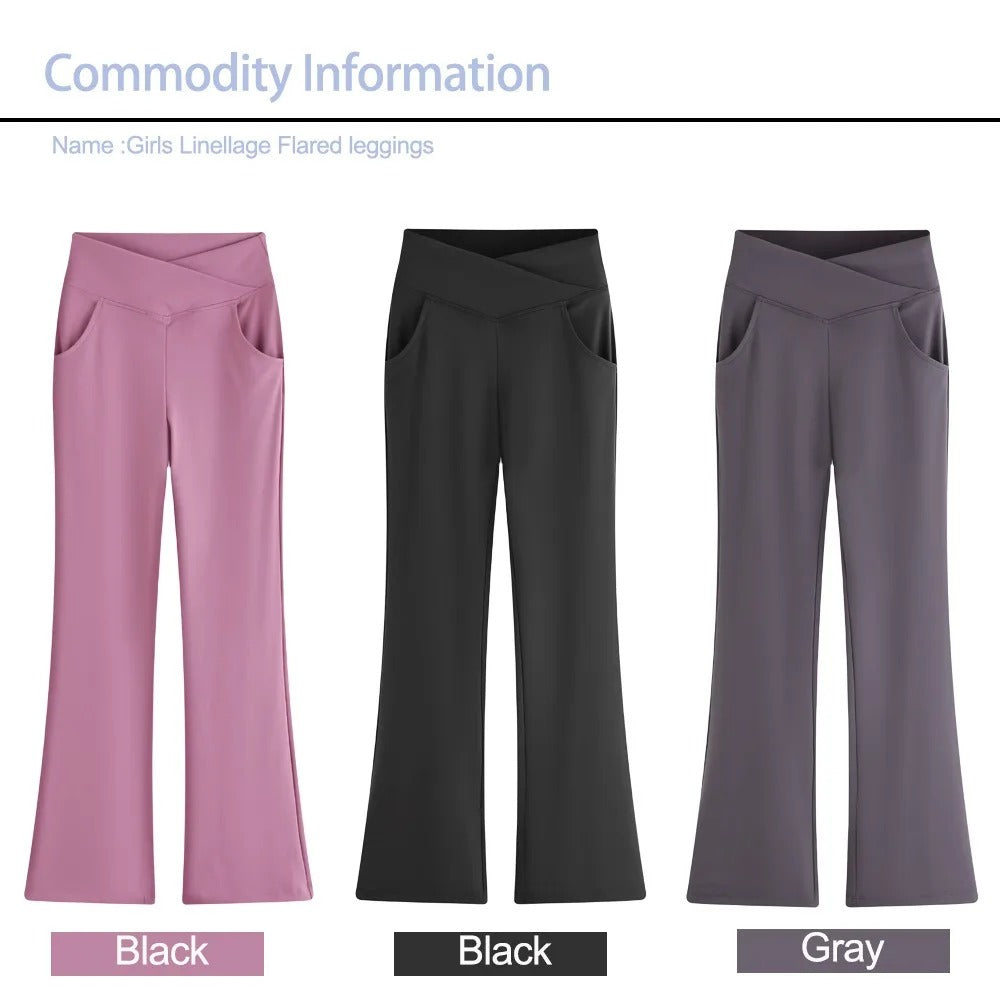 Kids Black Flare Leggings Girls Wide Leg Belle Dance Bell Bottoms V Cross High Waist Gym Athletic Workout Long Yoga Pants 10-12Y