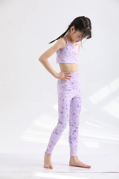 Girls Kids Yoga Outfit Set Short Crop Top Double Layer Sports Bra Printed High Waist Leggings Workout Set Running Gym Clothes