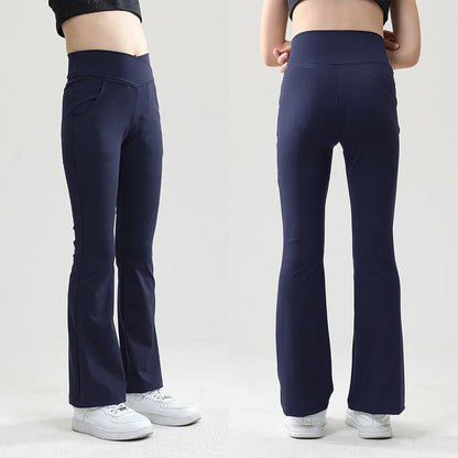 Kids Black Flare Leggings Girls Wide Leg Belle Dance Bell Bottoms V Cross High Waist Gym Athletic Workout Long Yoga Pants 10-12Y