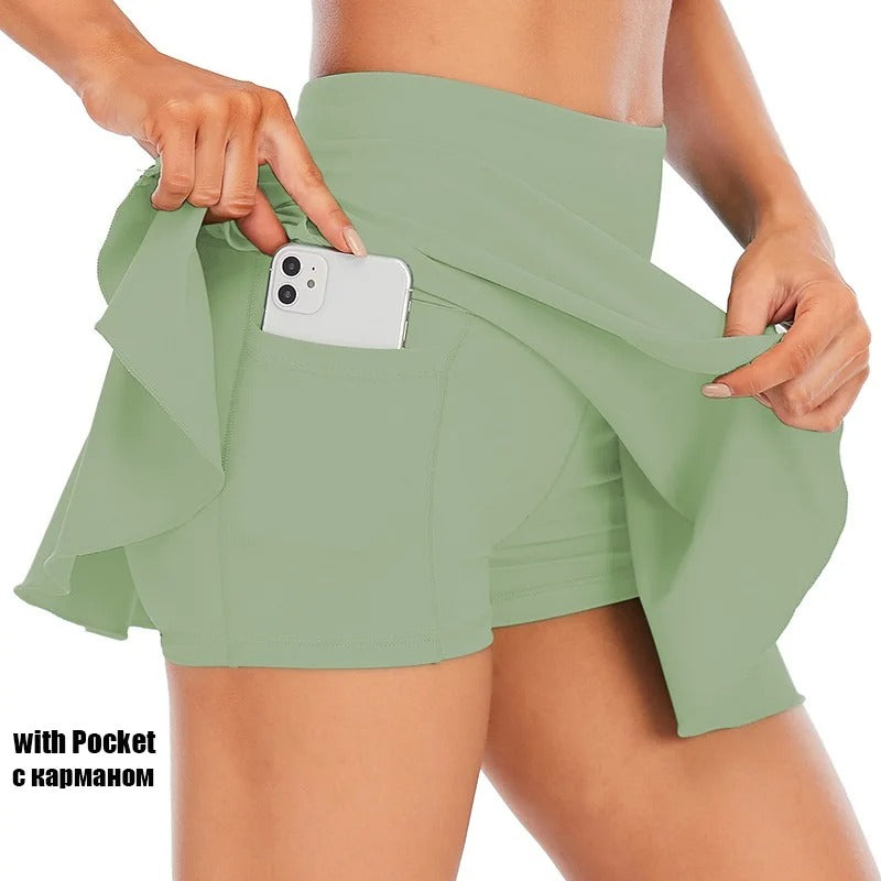Pocket Tennis Skirts Women Sports Golf Pleated Skirt Candy Color Fitness Shorts High Waist Quick Dry Running Skort