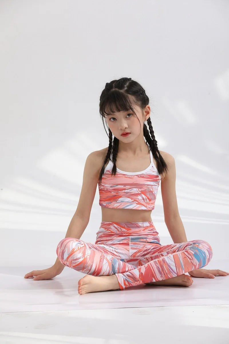 Girls Kids Yoga Outfit Set Short Crop Top Double Layer Sports Bra Printed High Waist Leggings Workout Set Running Gym Clothes