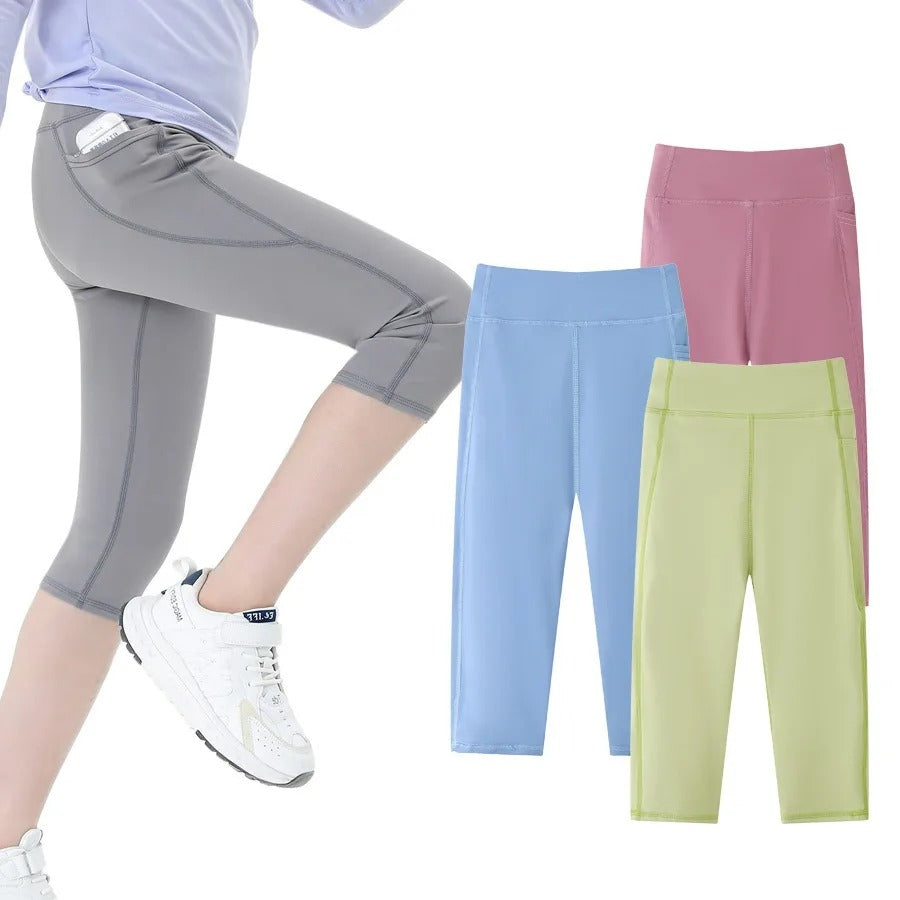 Summer Sports Leggings Short Child Cropped Running Pant Kids Girls Breathable Side Pockets Yoga Leggings Fitness Wear Yoga Pants