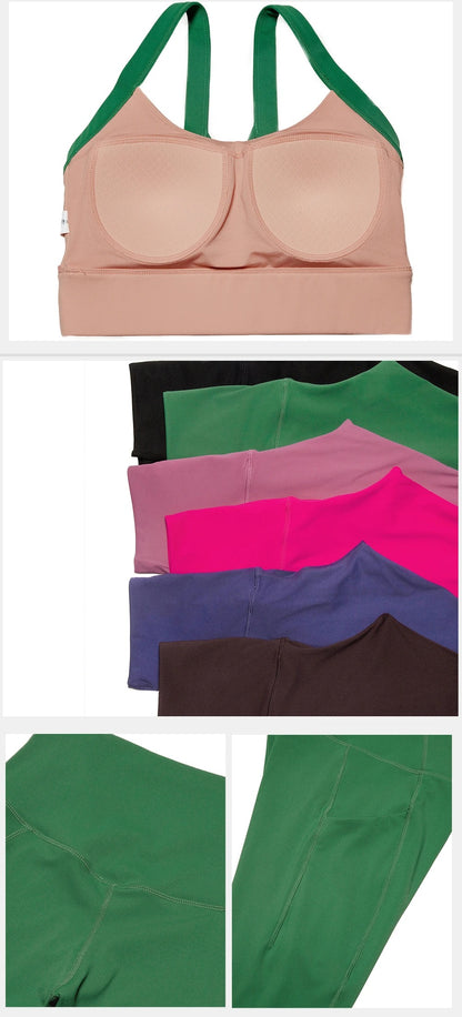 Women's Two Pieces Set Fixed Pads Sports Bra And Gym Tight Leggings With Pockets Workout JumpSuits Sportswear