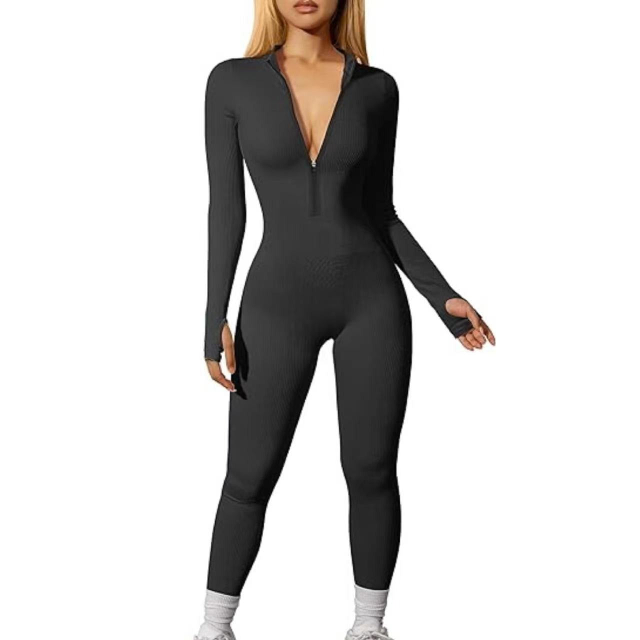 Women's sports one-piece pants, exercise ribbed long-sleeved zipper casual one-piece pants, long pants tight