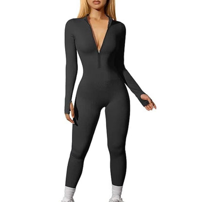 Women's sports one-piece pants, exercise ribbed long-sleeved zipper casual one-piece pants, long pants tight