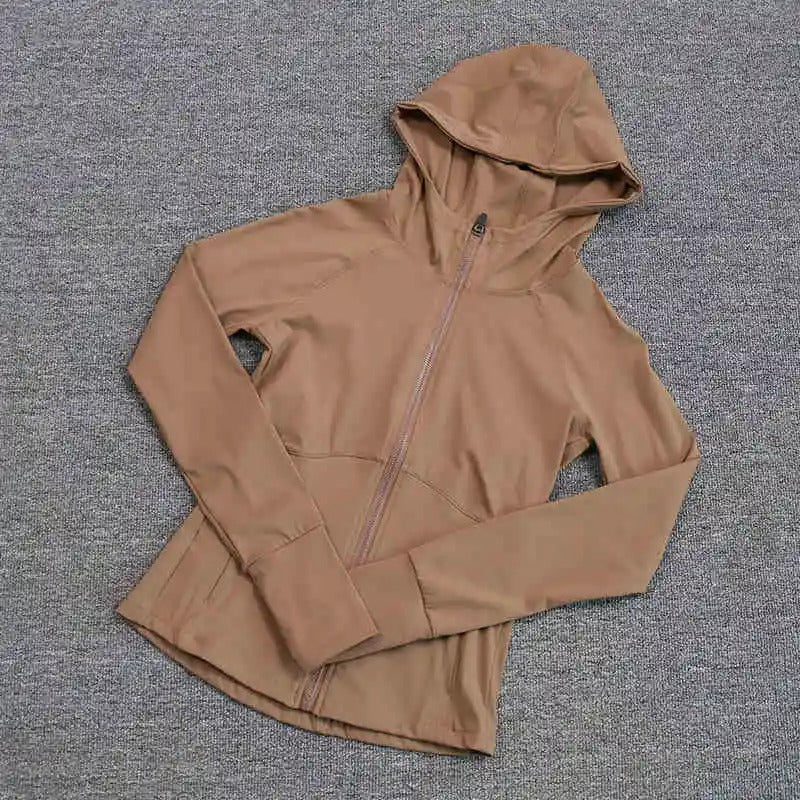 Women's yoga suit with hooded zipper, long-sleeved, plush, with pockets, slim-fit sports top