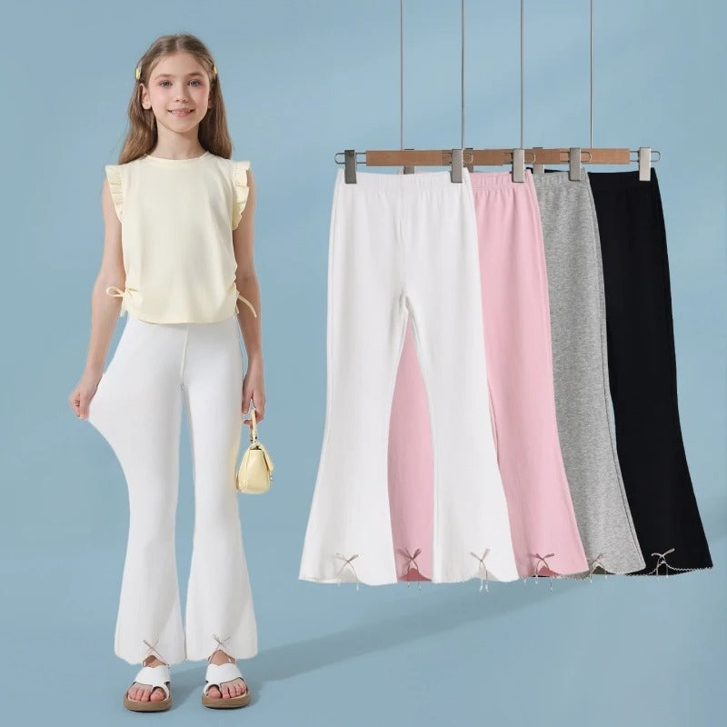 Girls Flared Pants Cotton Summer Thin Bow Tie Toddler Long Pants Loose Fit Casual Elastic Waist Cute Outfit Baby Kids Clothes