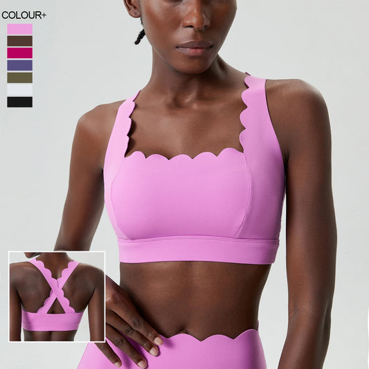 Lycra Sports Bra for Women Shock-proof Gym Workout Tops Lotus Arc Yoga Tops Square Neckline Push-up Bras Vest With Removable Pad