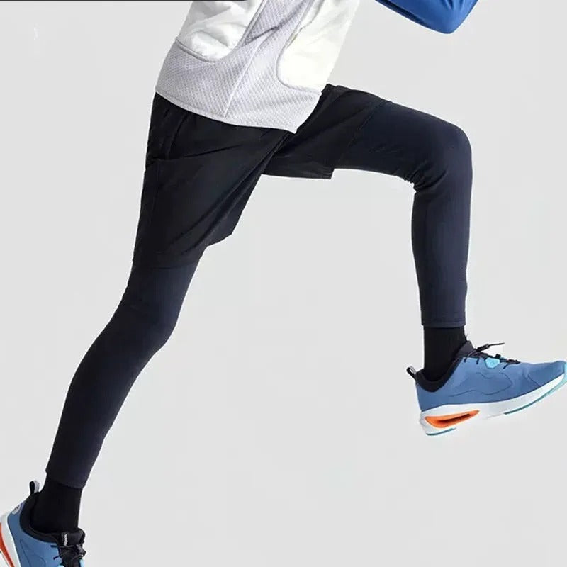 Boys Sports Leggings With Shorts Kids 2 in 1 Running Workout Athletic Tights Pant Children's Basketball Fitness Yoga Pants 5-14Y