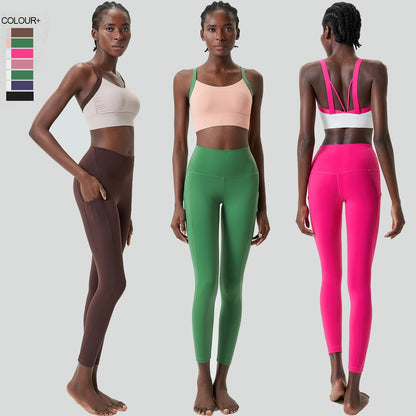 Women's Two Pieces Set Fixed Pads Sports Bra And Gym Tight Leggings With Pockets Workout JumpSuits Sportswear