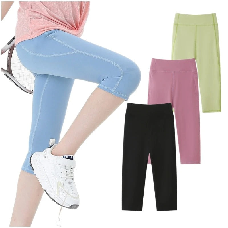 Summer Sports Leggings Short Child Cropped Running Pant Kids Girls Breathable Side Pockets Yoga Leggings Fitness Wear Yoga Pants