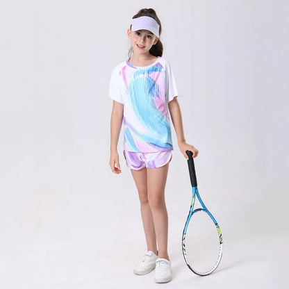 Girls Quick-Dry Sportswear Set Tennis Yoga Outfit Breathable Short Sleeve Top Shorts for Outdoor Activities Gym Cycling Clothes