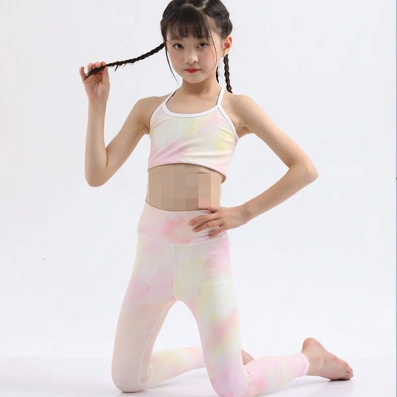 Girls Kids Yoga Outfit Set Short Crop Top Double Layer Sports Bra Printed High Waist Leggings Workout Set Running Gym Clothes