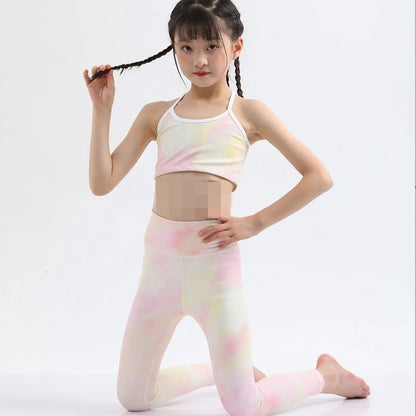 Girls Kids Yoga Outfit Set Short Crop Top Double Layer Sports Bra Printed High Waist Leggings Workout Set Running Gym Clothes