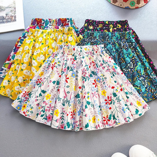 Floral Pleated Skirt Children Sweet Tutu Skirt Princess Short Girls Skirts Cute Beach Mini Fluffy-Skirt Kids Kawaii Clothes