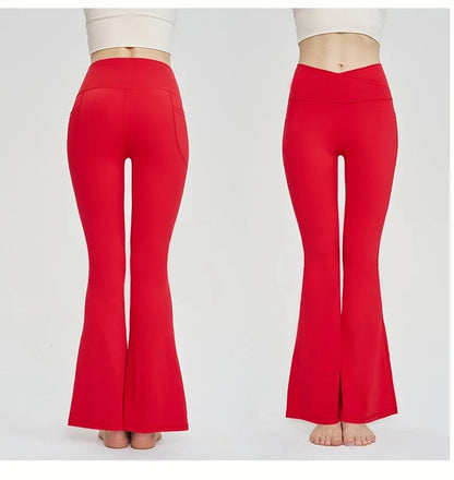 Seamless Leggings Women Yoga Pants Pockets Cross High Waist Bootcut Flared Sport Leggins Casual Dance Bell Bottoms Gym Tights