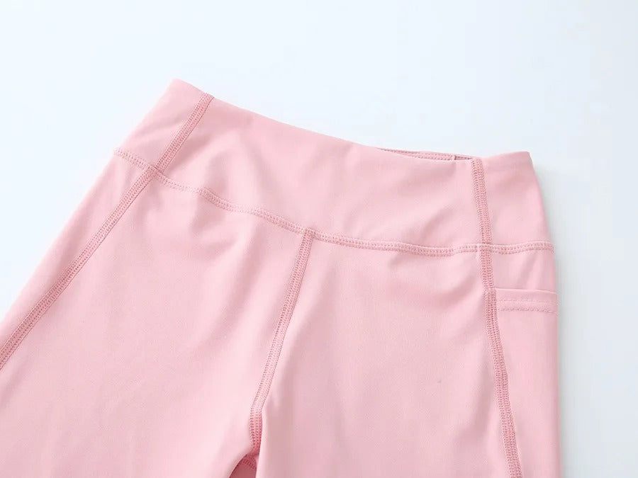 Summer Sports Leggings Short Child Cropped Running Pant Kids Girls Breathable Side Pockets Yoga Leggings Fitness Wear Yoga Pants