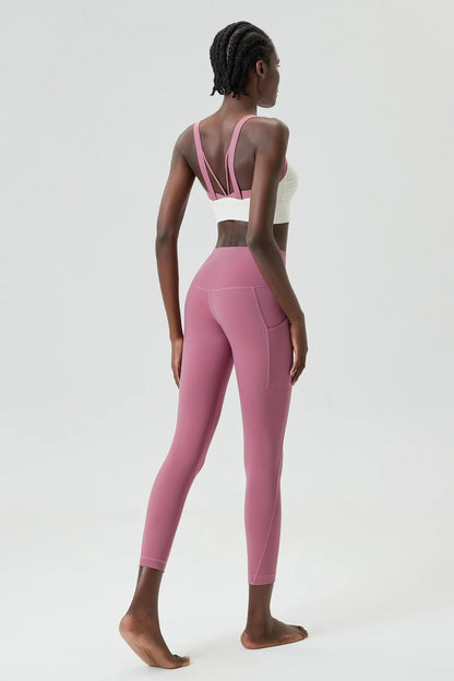 Women's Two Pieces Set Fixed Pads Sports Bra And Gym Tight Leggings With Pockets Workout JumpSuits Sportswear