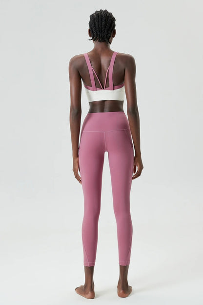 Women's Two Pieces Set Fixed Pads Sports Bra And Gym Tight Leggings With Pockets Workout JumpSuits Sportswear