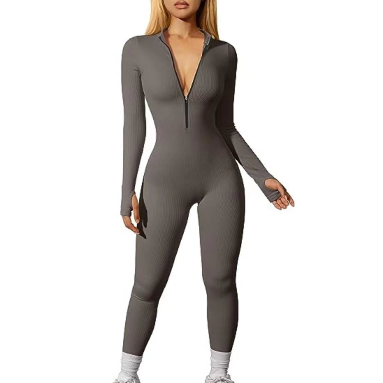 Women's sports one-piece pants, exercise ribbed long-sleeved zipper casual one-piece pants, long pants tight
