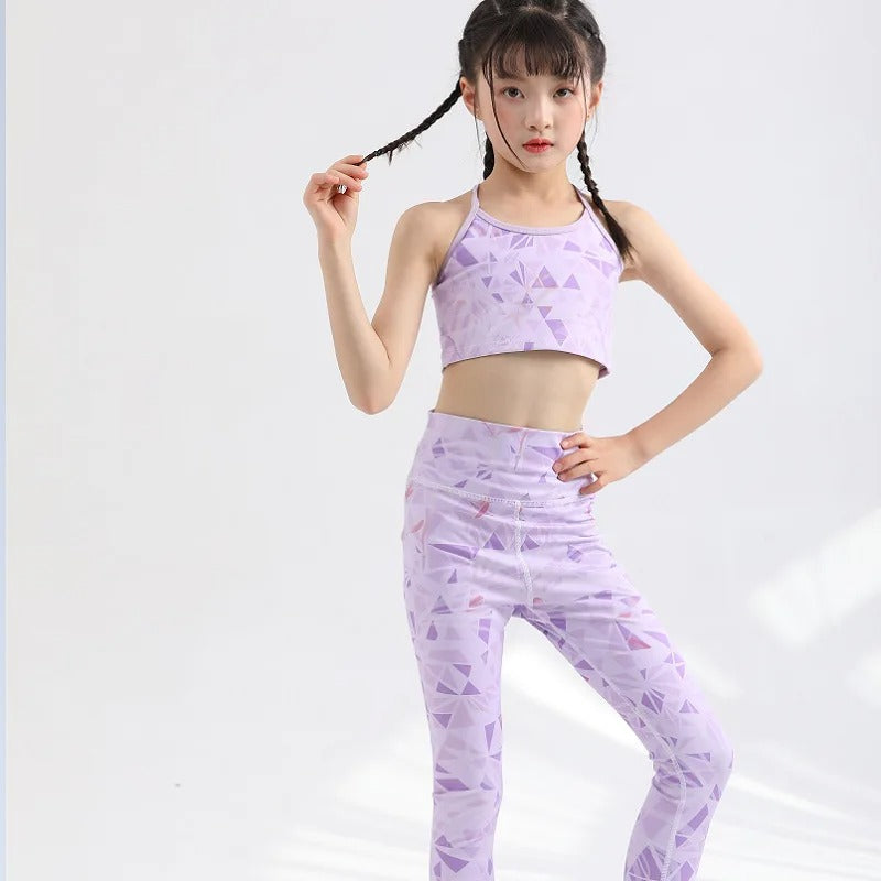 Girls Kids Yoga Outfit Set Short Crop Top Double Layer Sports Bra Printed High Waist Leggings Workout Set Running Gym Clothes