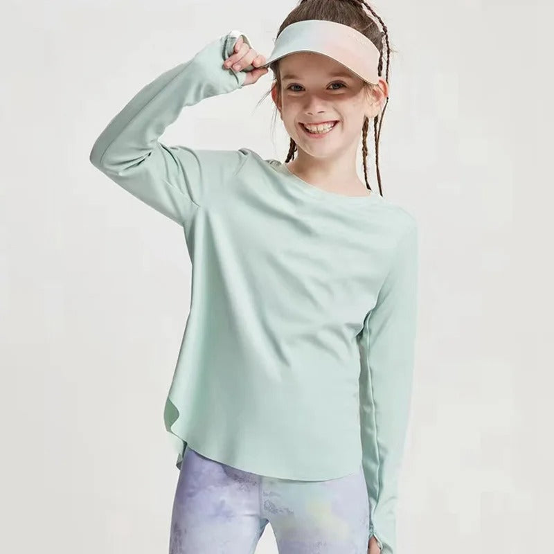 Girls' Long Sleeve Yoga T-Shirt Soft Elastic Quick Dry Children Running Sports T Shirt Kids Gym Fitness Top for Workout