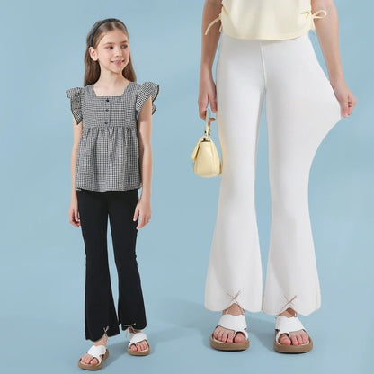 Girls Flared Pants Cotton Summer Thin Bow Tie Toddler Long Pants Loose Fit Casual Elastic Waist Cute Outfit Baby Kids Clothes