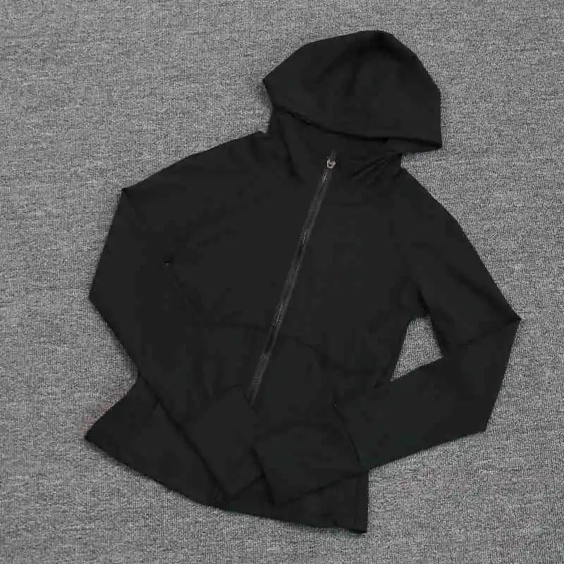 Women's yoga suit with hooded zipper, long-sleeved, plush, with pockets, slim-fit sports top