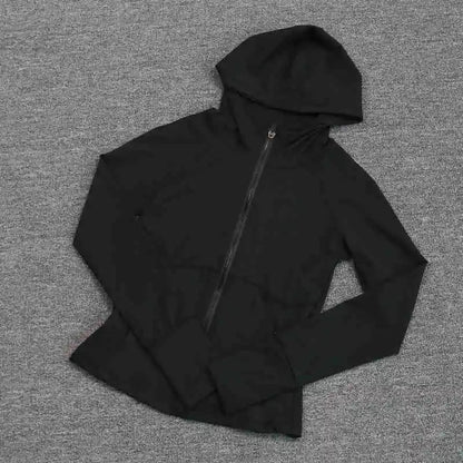 Women's yoga suit with hooded zipper, long-sleeved, plush, with pockets, slim-fit sports top