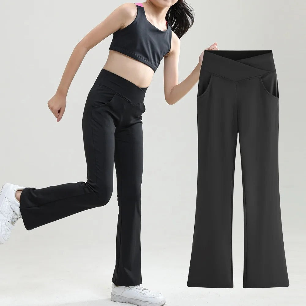 Kids Black Flare Leggings Girls Wide Leg Belle Dance Bell Bottoms V Cross High Waist Gym Athletic Workout Long Yoga Pants 10-12Y