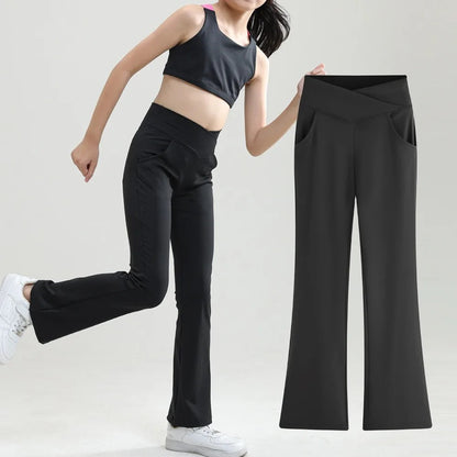 Kids Black Flare Leggings Girls Wide Leg Belle Dance Bell Bottoms V Cross High Waist Gym Athletic Workout Long Yoga Pants 10-12Y