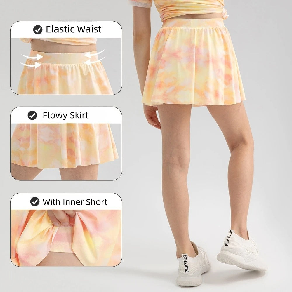 Girls Colorful Yoga Skirt Quick Dry Kids Tennis Skirt Built-in Shorts for Running Balle